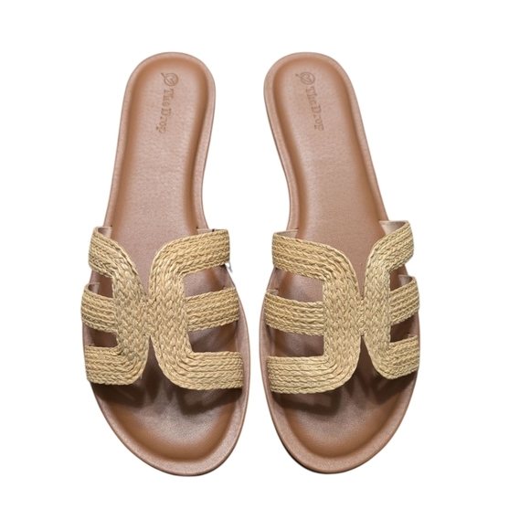 The Drop Monika Raffia Slip On Natural Tan Flat H-Band Slide Sandals Size 13 - Picture 2 of 4
